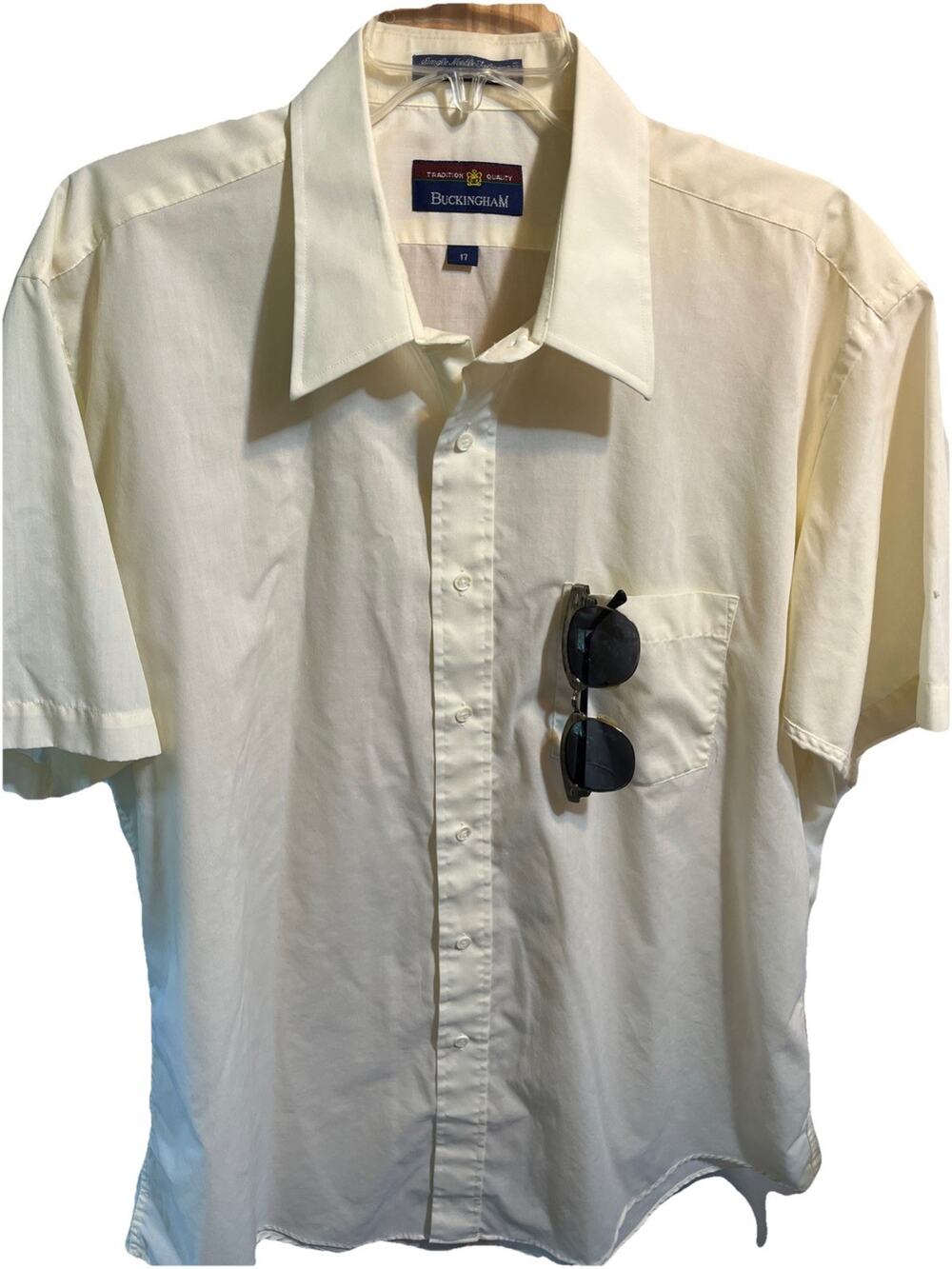 Men’s Vintage Buckingham Button Up Short Sleeve Shirt White Size 17 Cotton Poly